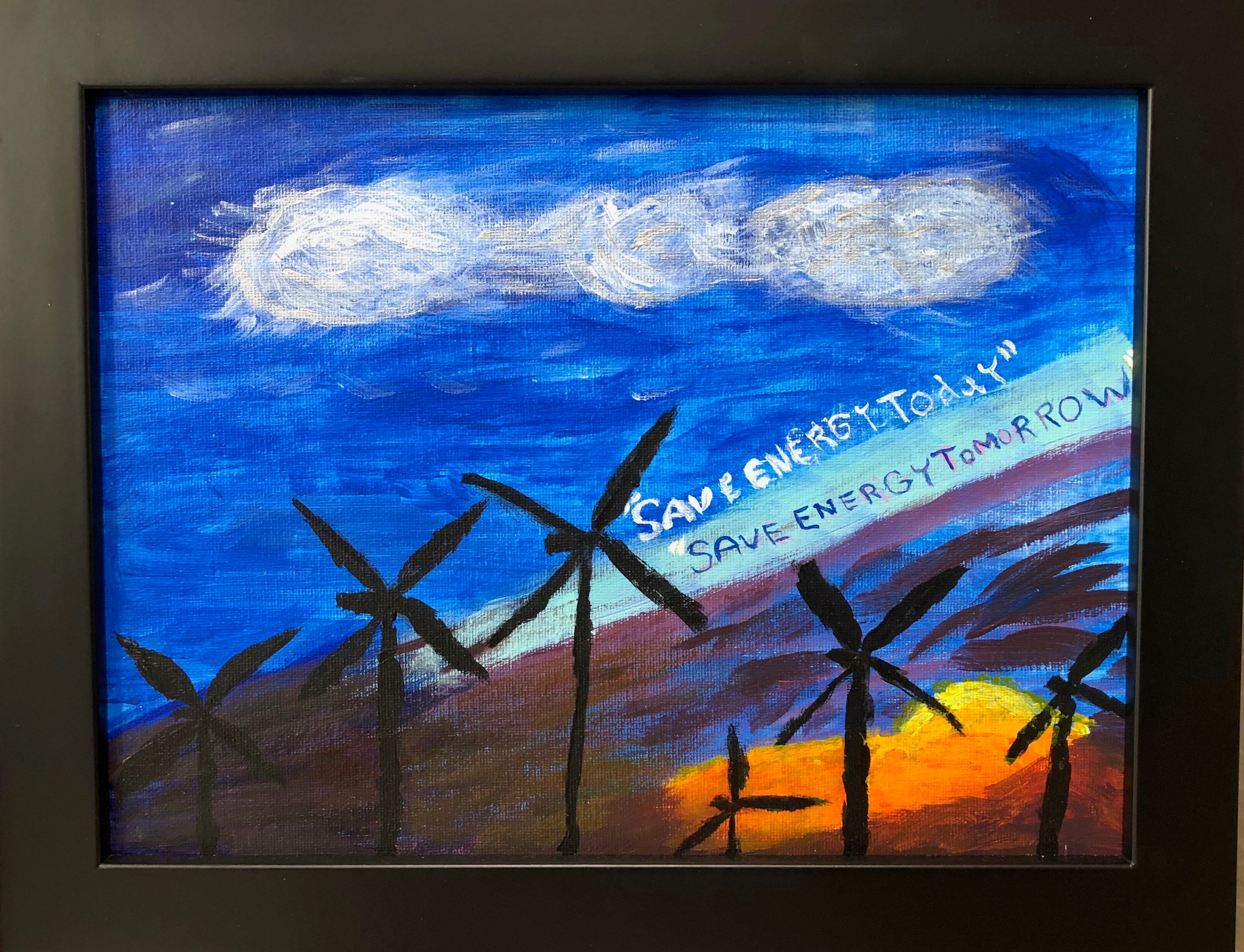 painting of houses and wind turbines