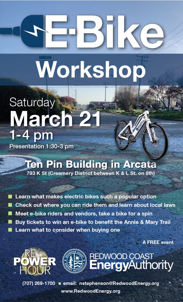 Electric bike workshop flyer featuring a bike in front of the creamery district