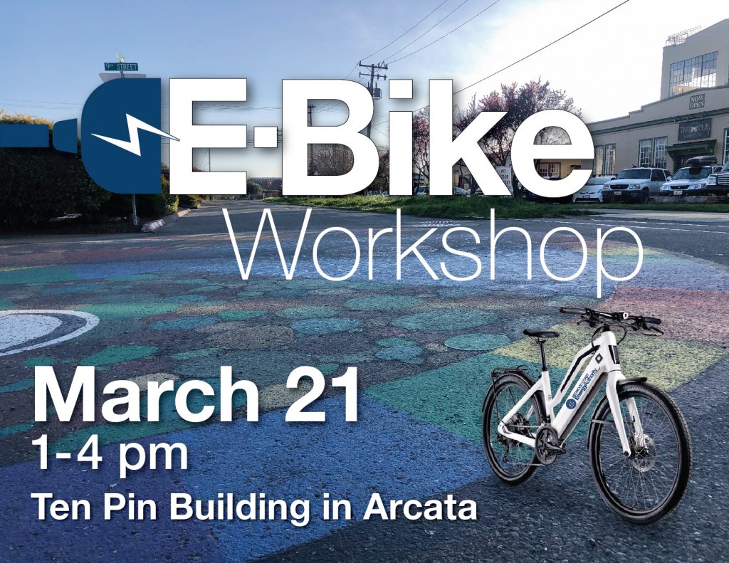 E-Bike Workshop flyer with photo of a white bike in lower right corner