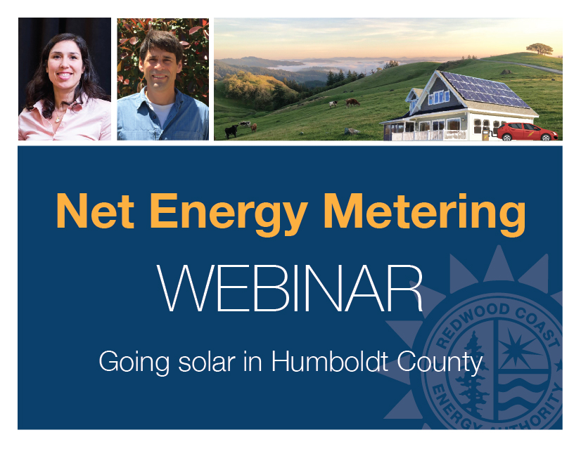Two RCEA employees and electric car and house above the words Net energy metering webinar