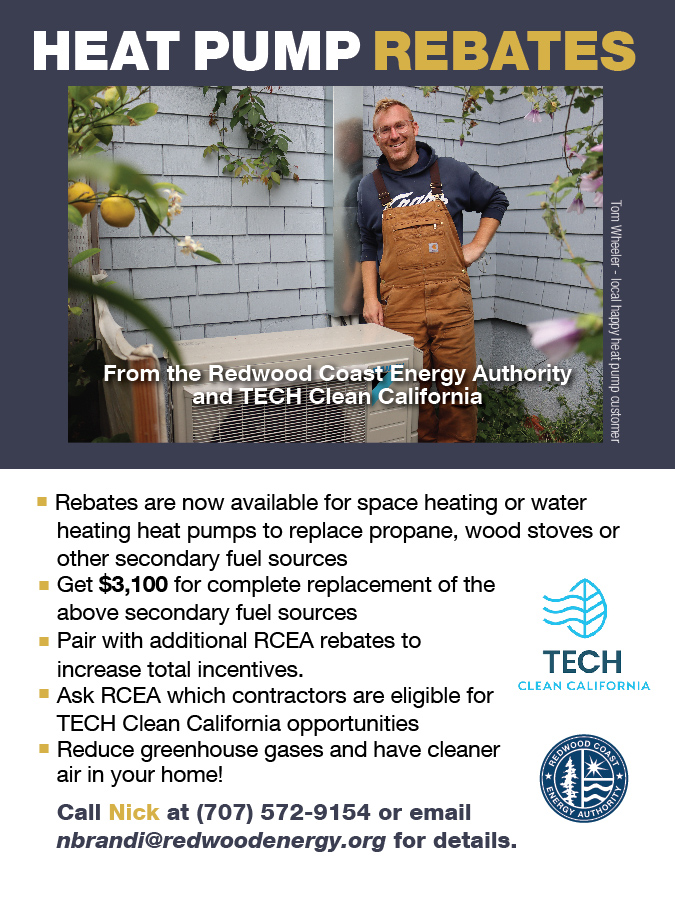 flyer with photo of Tom Wheeler next to his heat pump and details about the rebate