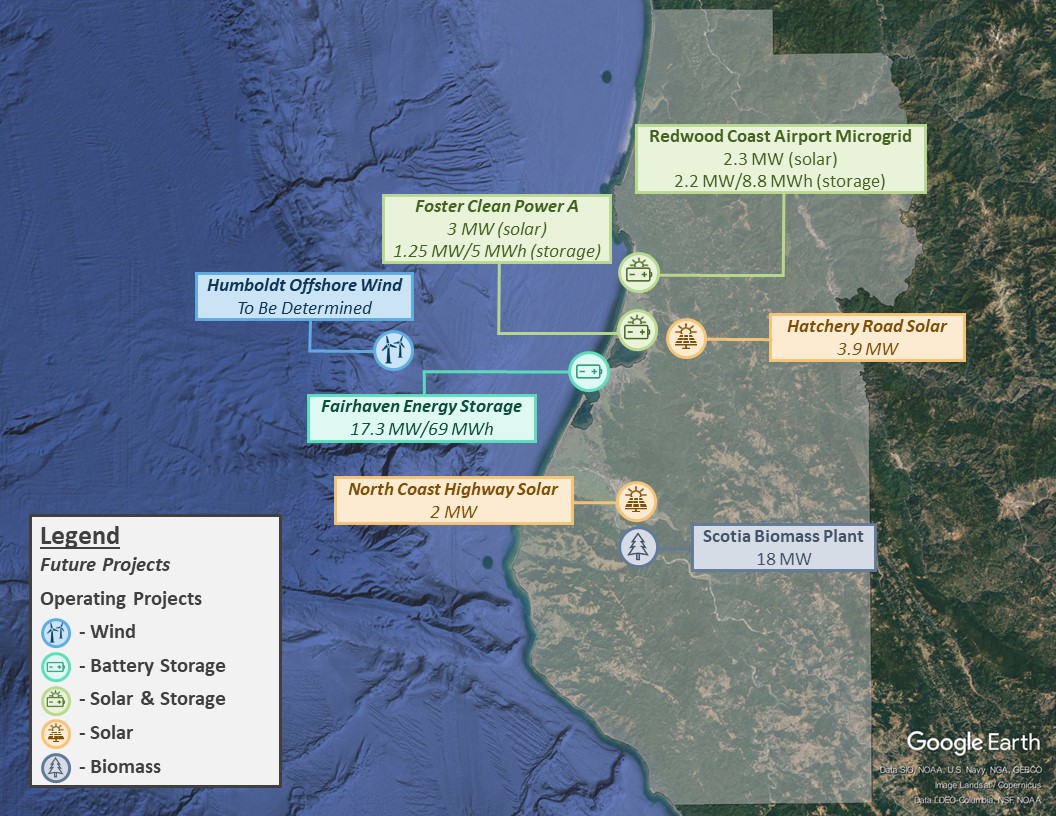 map showing where RCEA has electricity generation projects completed or under construction in Humboldt County,