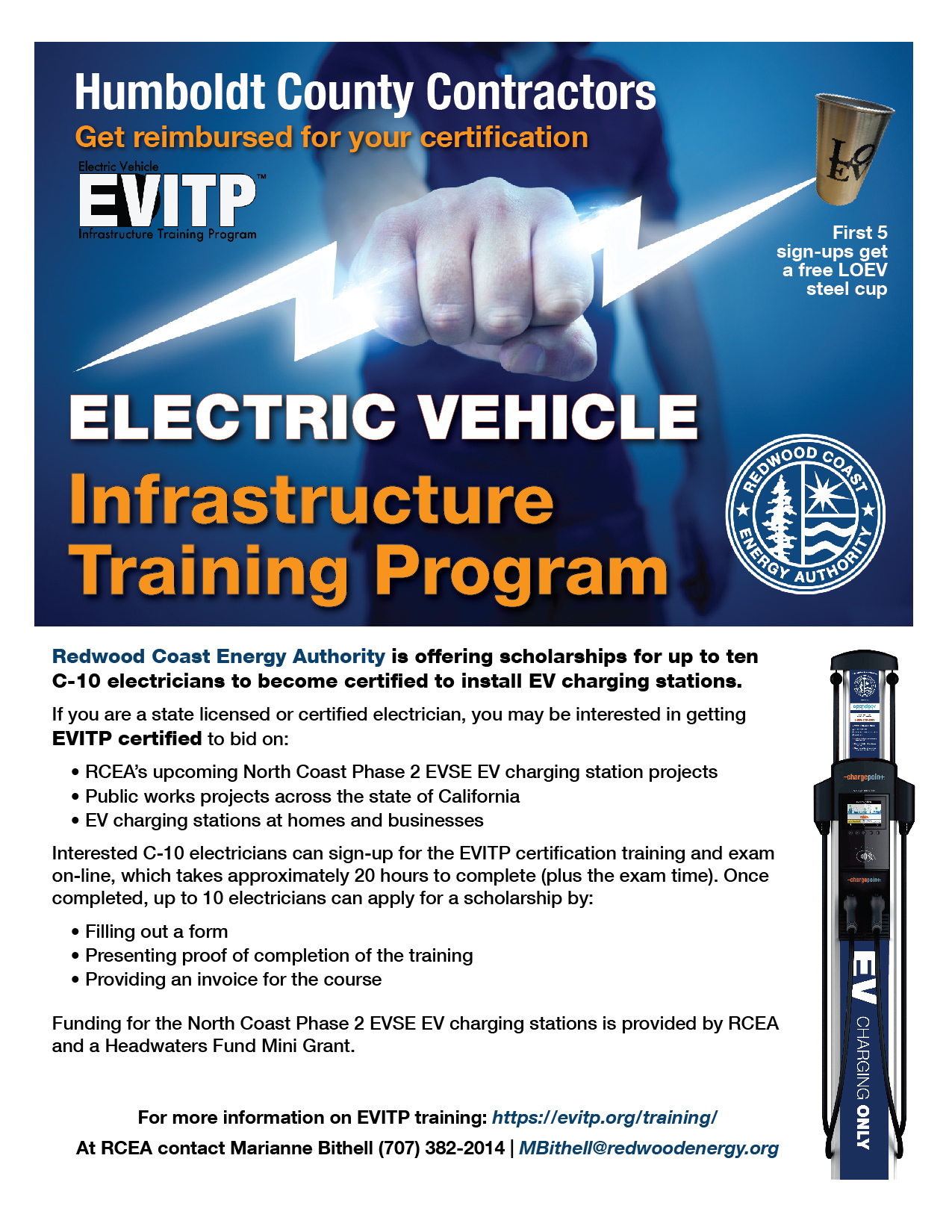 Flyer describing how to apply for a EVIPT scholarship. Shows a hand holding an electric bolt, with an RCEA charging station on the side
