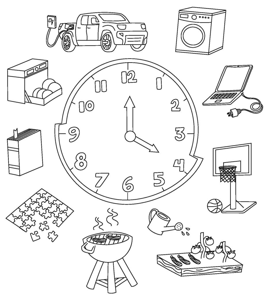 drawing of clock with various items associated with the best times to use them in regards of energy efficiency